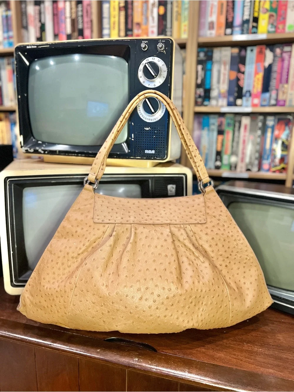 Y2K Vintage Furla Ostrich Embossed Genuine Leather Shoulder Hobo Bag Tan
